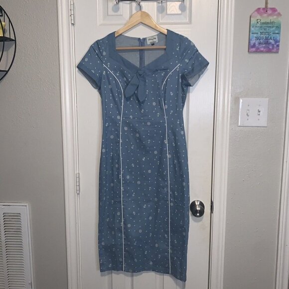 Dancing Days Banned Blue Sweet Talker Denim Nautical Sailor Pencil Dress Small - Picture 2 of 10
